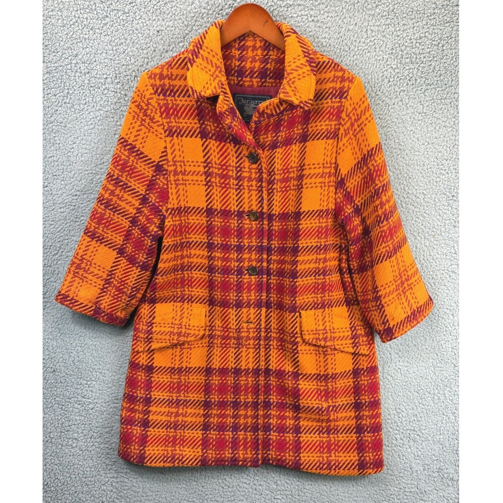 Burberrys Plaid Tweed Jacket Womens M Orange Wool Double Breasted Vintage FLAW